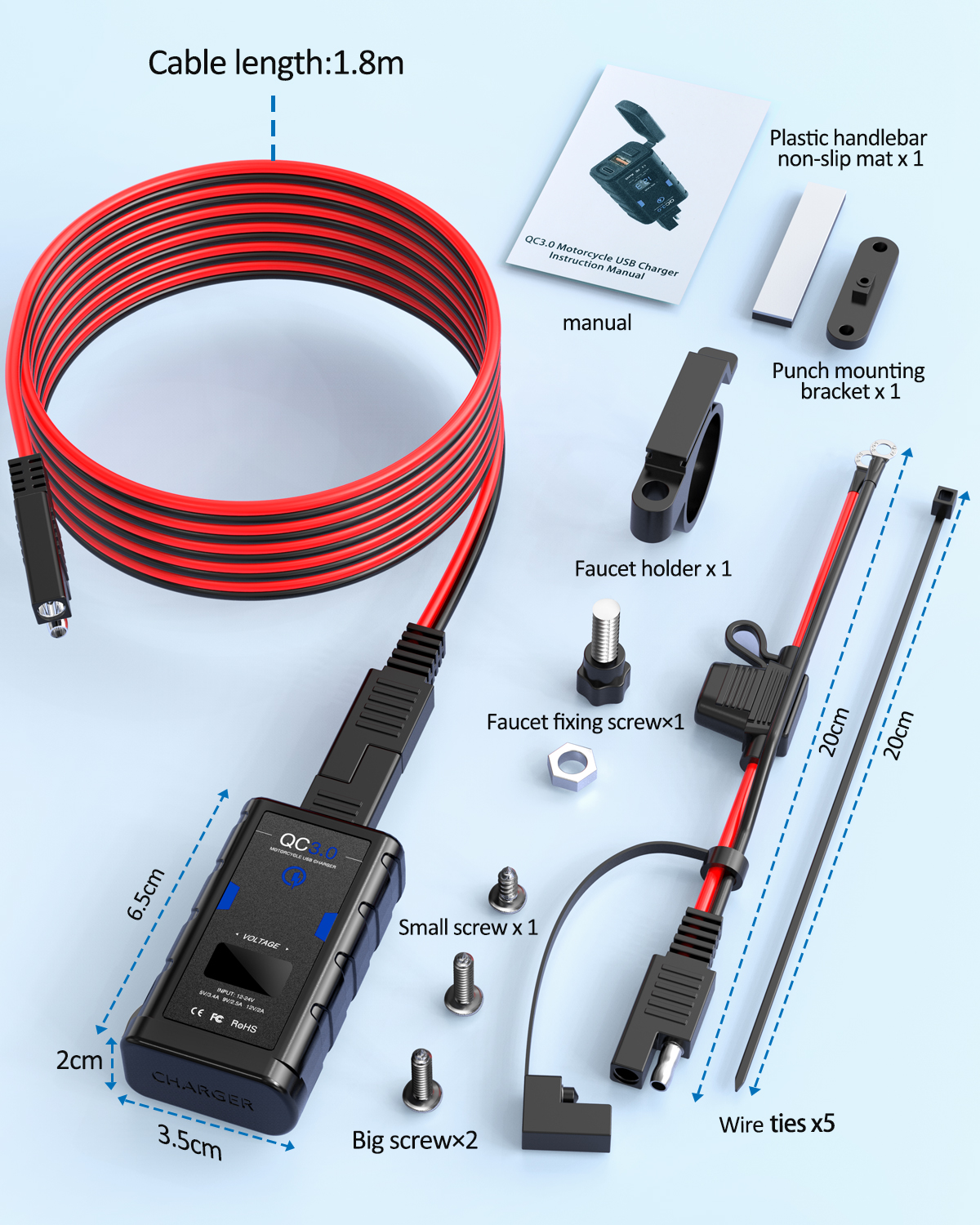 Powstation Waterdichte motorfiets telefoonoplader QC3.0 USB + Type C 6.4A oplader met snoer Voltmeter Moto-voedingsaansluiting