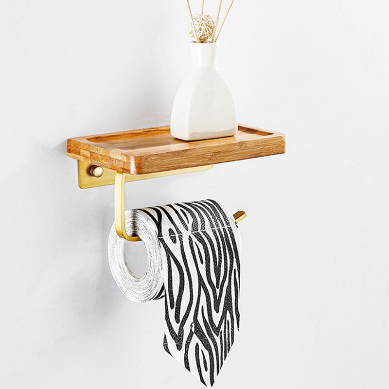 Shgo -Badkamer Papier Houder Bamboe Met Metalen Papier Plank Wc Telefoon Houder Met Papier Houder Muur Papier Rack