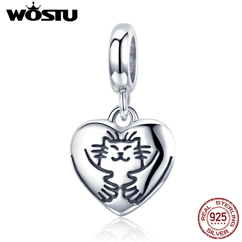 Wostu venda quente 100% 925 prata esterlina little kitty gato balançar charme ajuste contas pulseiras colar jóias originais cqc955