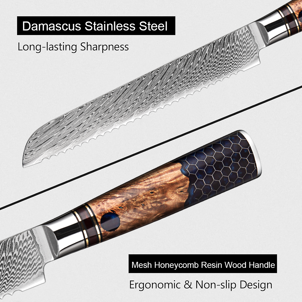 Brotmesser aus Damaststahl, 20,3 cm, professionelles Küchen-Toast-Schneidemesser, Wabenmuster, blauer Harzgriff, gezahntes Messer, Kuchenmesser