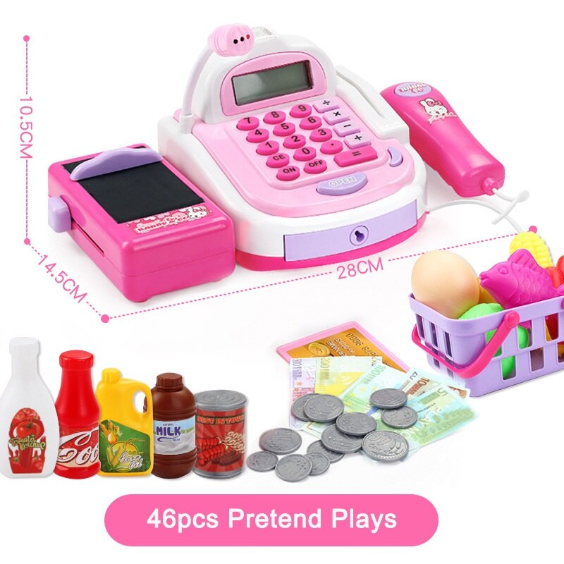 Supermarkt Mini Einkaufen Einkaufen Lebensmittelhändler Minimarket Bis registrieren Kassierer Simulation Möbel Kasse vorgeben Spielen Haus Spielzeug: 46Stck Rosa