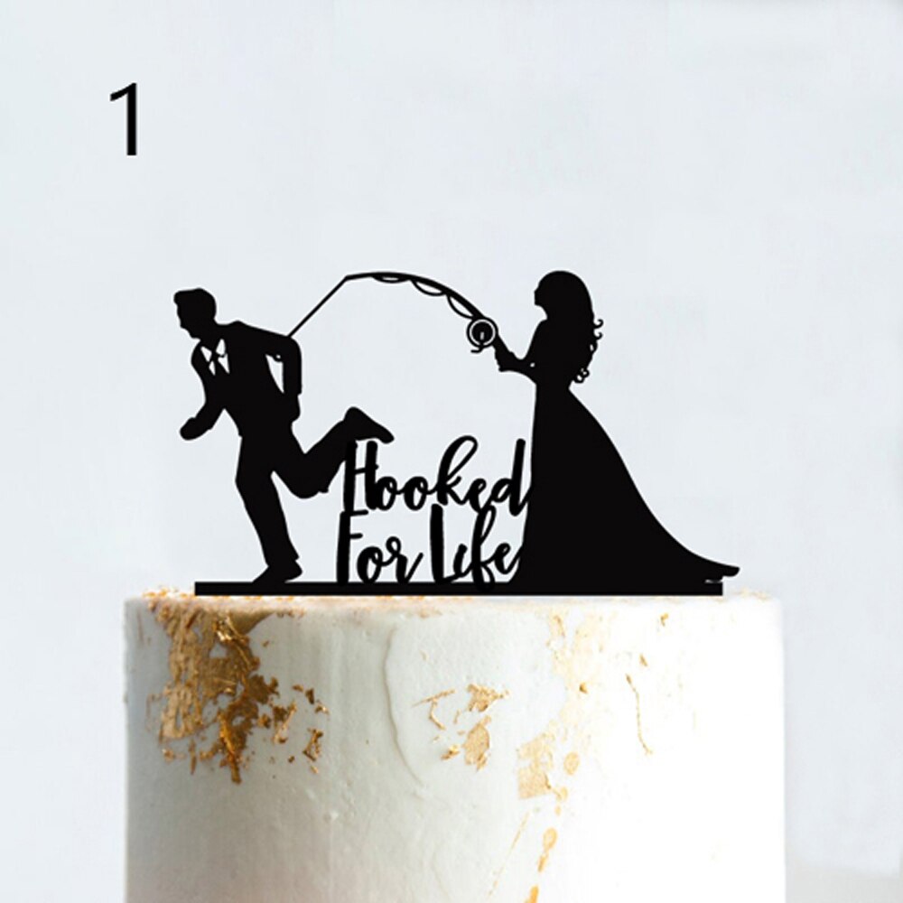 Vissen Stijl Bruidstaart Topper Grappige Mr &amp; Mrs Gelukkige Verjaardag Verslaafd Voor Leven Gelukkig Pensioen Acryl Houten Taart Decoratie