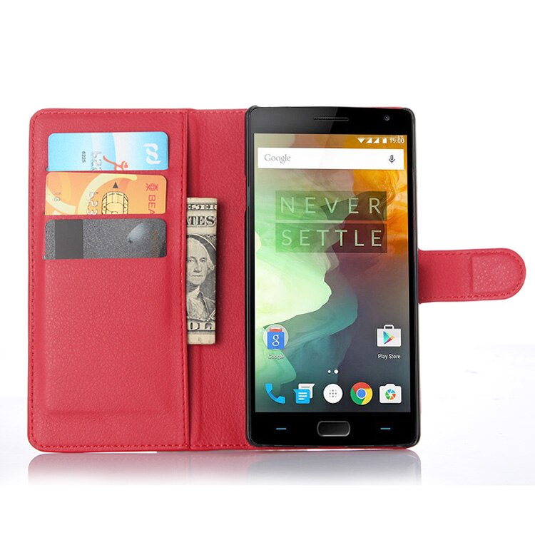 Voor Oneplus Twee 2 Portemonnee Kaart Stent Gevallen Lichee Patroon Flip Leather Case Bescherm Cover Black Case Voor Oneplus2: Rood
