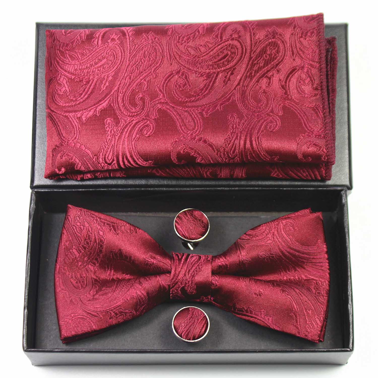 Jemygins originale menns bowtie lomme firkanter mansjettknapp sett paisley blomster vin rød sløyfe hanky sett til bryllupsfest: 1