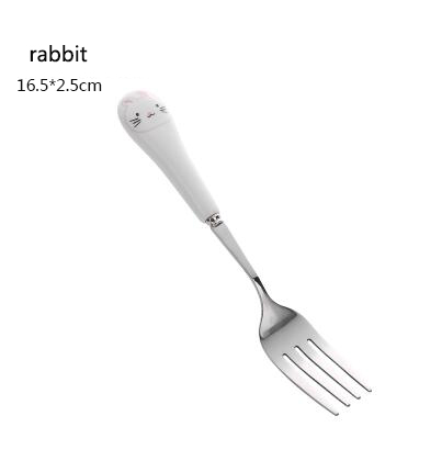 1pc tecknad söt kattgaffel rostfritt stål långt handtag omrörningssked fruktgaffel kaffesked keramiskt handtag: Kanin