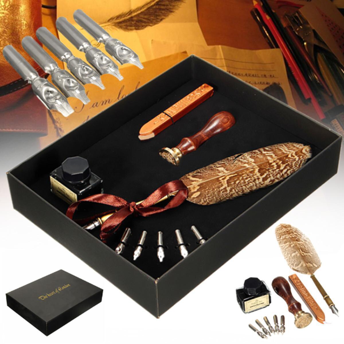 1 Set Antique Owl Feather Quill Dip Pen Writing Ink Set Stationery with Box