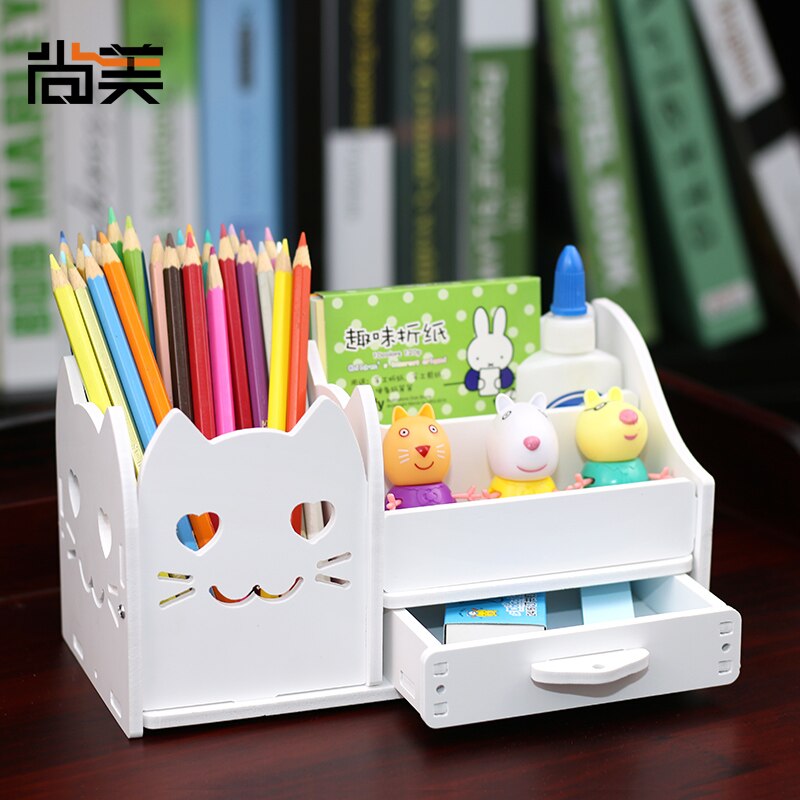 Multi-function 4 Grid Desktop Pen Holder Office School Stationery Storage Case Wood Box Desk Pen Pencil Organizer Phone Holder: Big White eyes