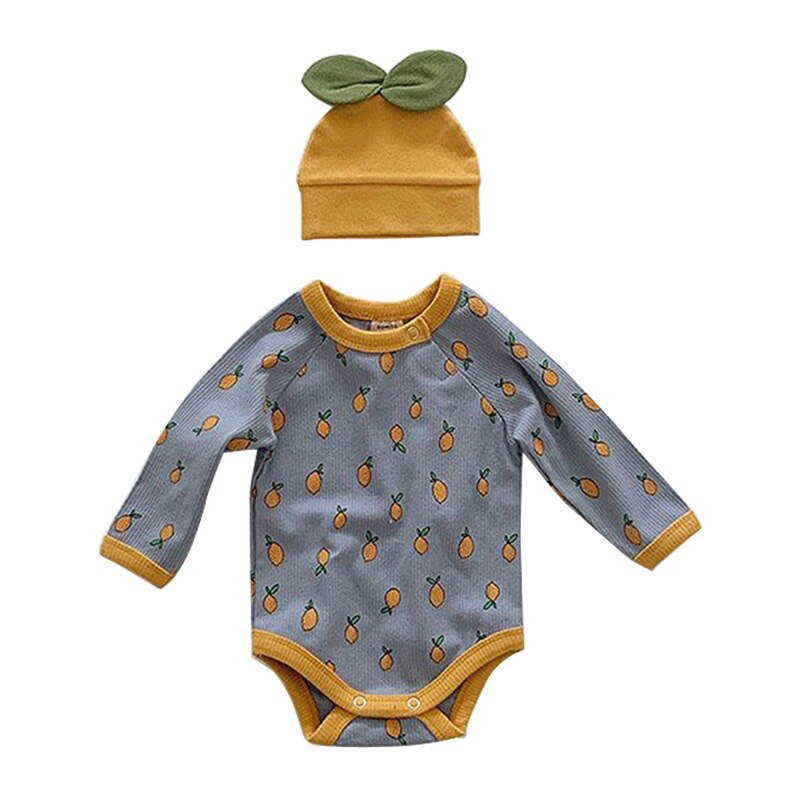 Babykleding herfst lange mouwen babyjongens driehoek romper babymeisje ananas muts bedrukte romper 2 stuks 3-24 maanden
