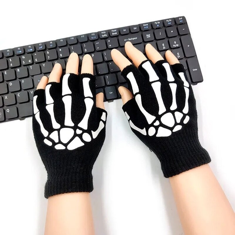 Druck Fluoreszierende Skelett Schädel Gestrickte Halbe Finger Handschuhe Kühlen Herbst Winter Schwarz befreien Handschuhe draussen Sport Fahrrad
