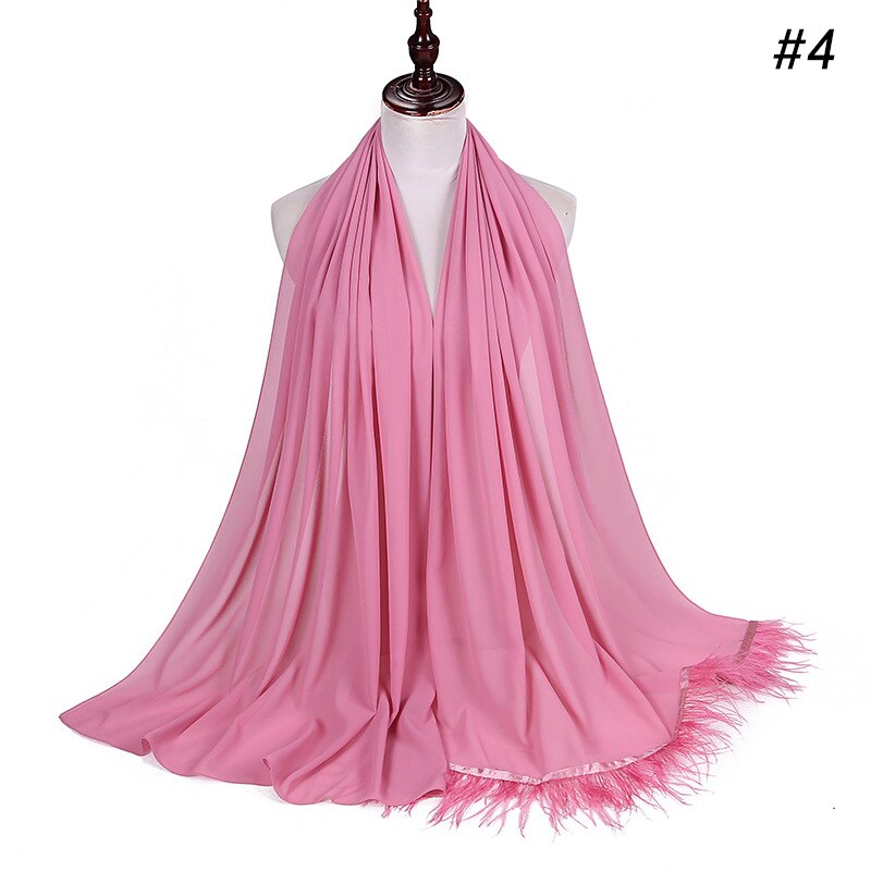 Trend Feather Hijabs Turban Chiffon Single-Side Short Feather Stitching Scarf Long Shawl For Muslim Women Headscarf: 4 rubber red