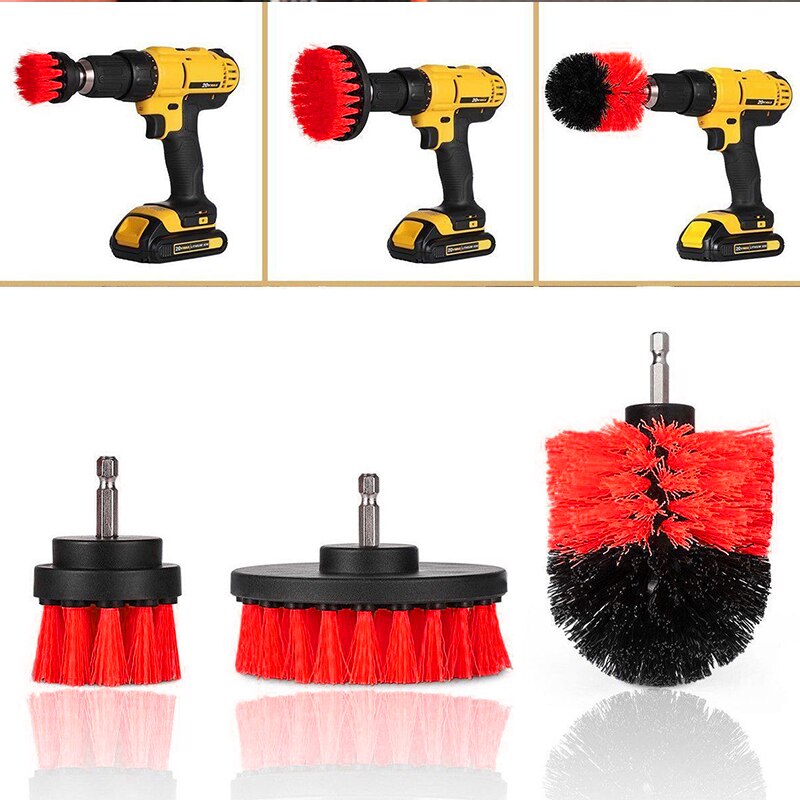 Conjunto de 3 unidades de brochas para depurador de taladro, limpieza coche Kit de limpieza de pinceles, herramienta de limpieza, cepillos y limpieza para el fregado del coche RV: red
