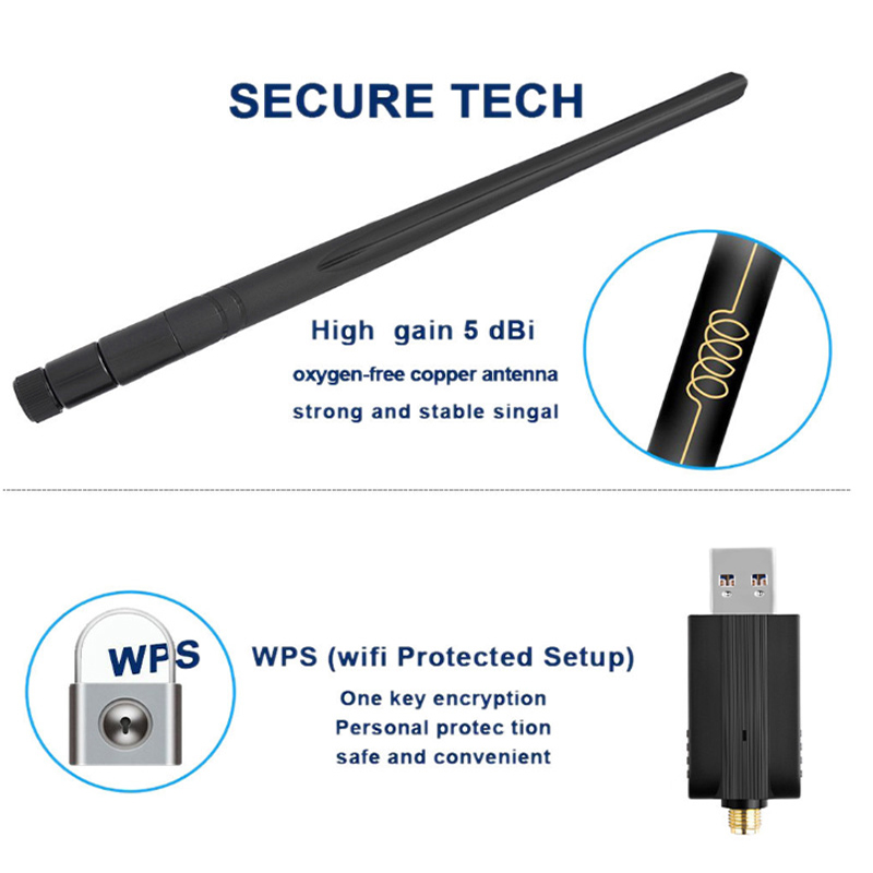 TEROW Dual Band Wireless USB Adapter AC1200 USB3.0 1200Mbps 2.4GHz 5.8GHz Super-speed 5dBi Secure Tech High WPS Protected Setup