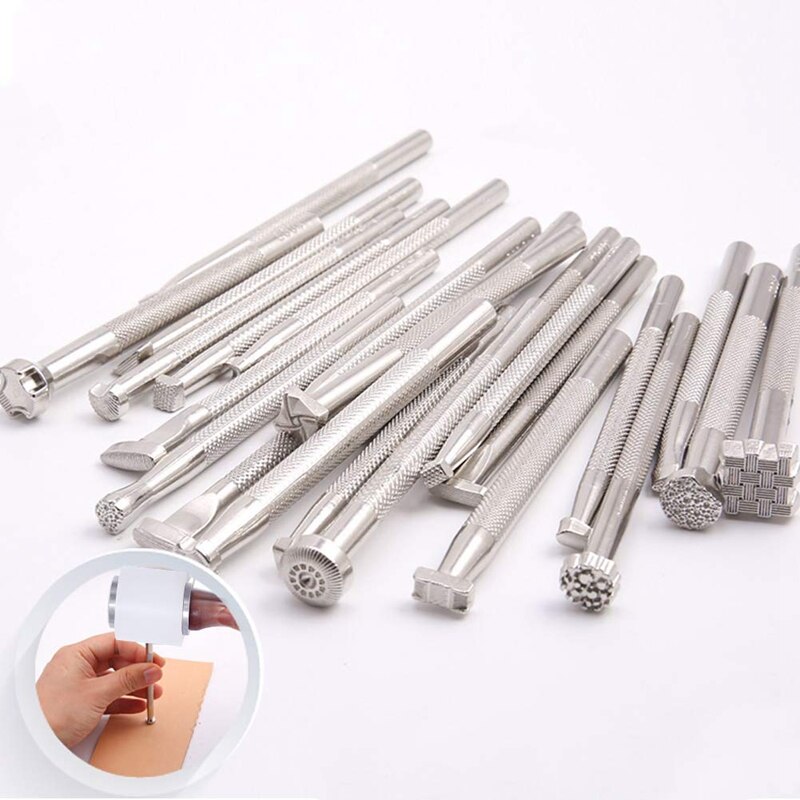 28 st läder präglingsverktyg läder hantverktyg olika form stämplar set diy punch trä hammare prägling avfasningsverktygssats