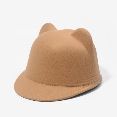 SUOGRY Mother daughter felt fedora hat child adult solid color cat ears short brim hat for women men equestrian knight caps: Camel / Children size