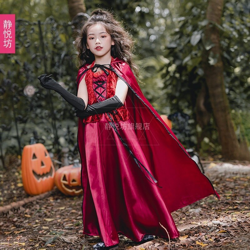 Halloween Kostuum Roodkapje Kinderkleding Meisjes Kleding Vampier Prinses Lange Jurk Sjaal Mantel Heks Meisje