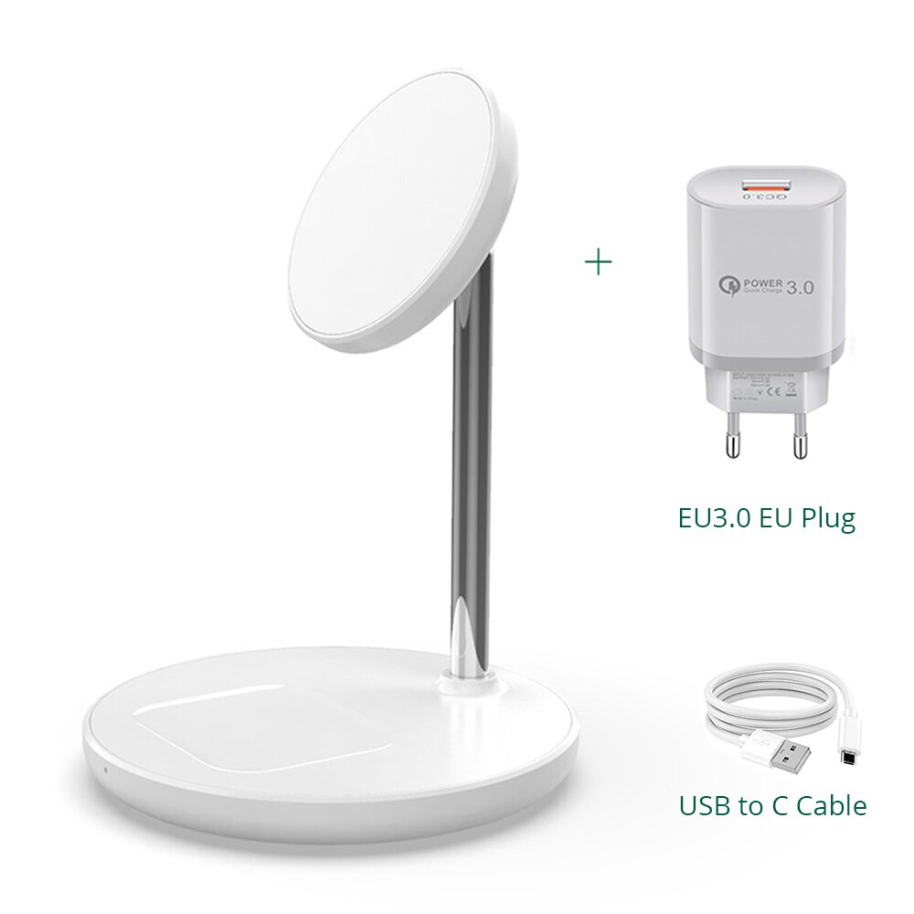 Magnetic Wireless Charger 2 in 1 Stand For iPhone 13/12 Pro/11/X Desktop Phone Holder 15W Qi Wireless Charging For Airpods 2 3: White EU Plug
