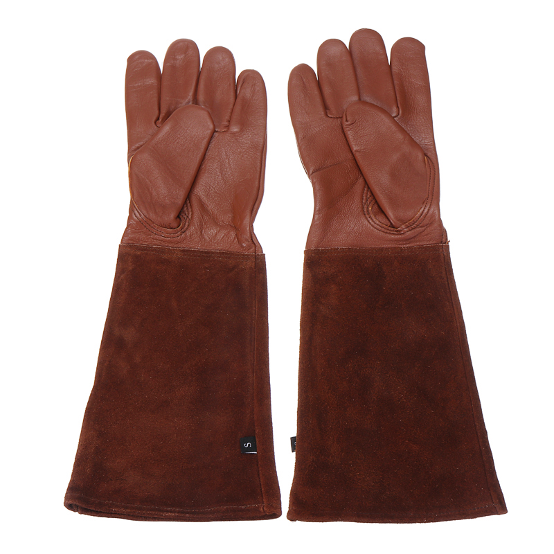 Guantes de poda de rosas para trabajo pesado, manoplas de manga larga a prueba de espinillas, para jardín y soldadura, 1 par: Brown / S