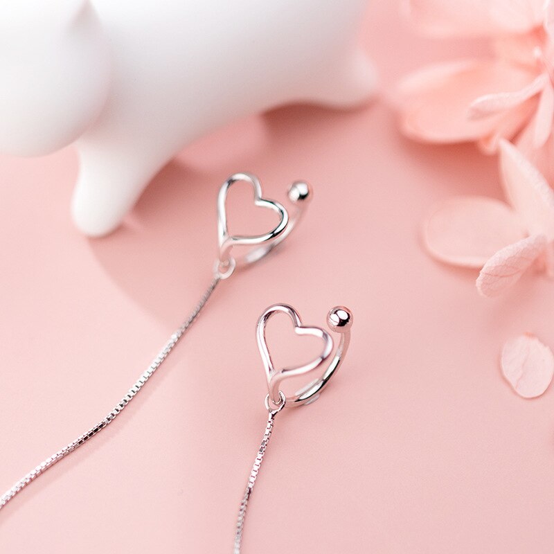 Pendientes de plata de ley 925 MloveAcc de genuina, corazón hueco dulce ligado, línea de oreja de 10cm para mujer, plata 925, de joyería