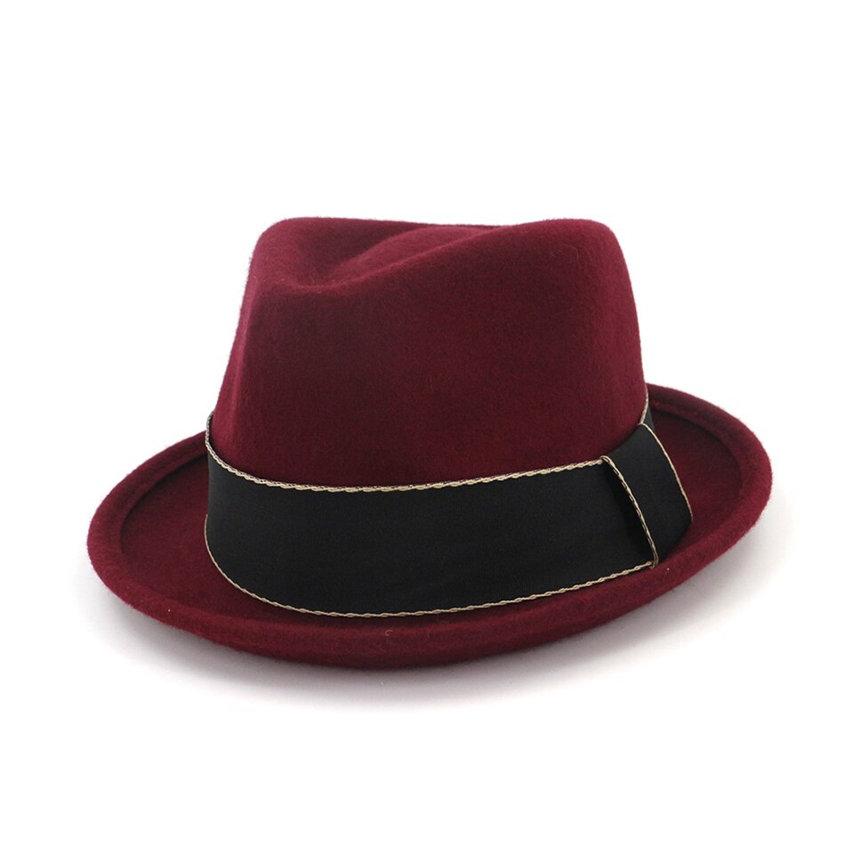 Hoaree vintage pork pie hoeden wollen fedora's vrouwen bordeauxrode trilby hoed dames retro jazz pet dames herfst winter vilten hoed: Bordeauxrode fedora