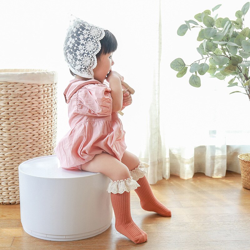 8 Kleuren Baby Knie Sokken Lace Edge Schroefdraad Kid Sokken Verticale Strepen Zachte Ademende Buis Sokken Antislip Voet sox 0-3Y Meisjes