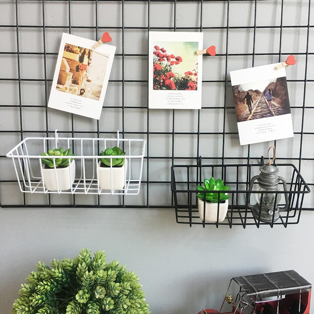 Metal Decorative Storage Basket DIY Grid Flower Pot Hanging Shelf Wall Mounted Iron Frame Hanging Display Rack Home Decoration