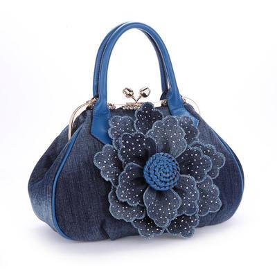 Brand 3D denim roses flowers shoulder bag embossed Beautiful Women Casual handbag girl messenger bags dress Vintage Bag: blue