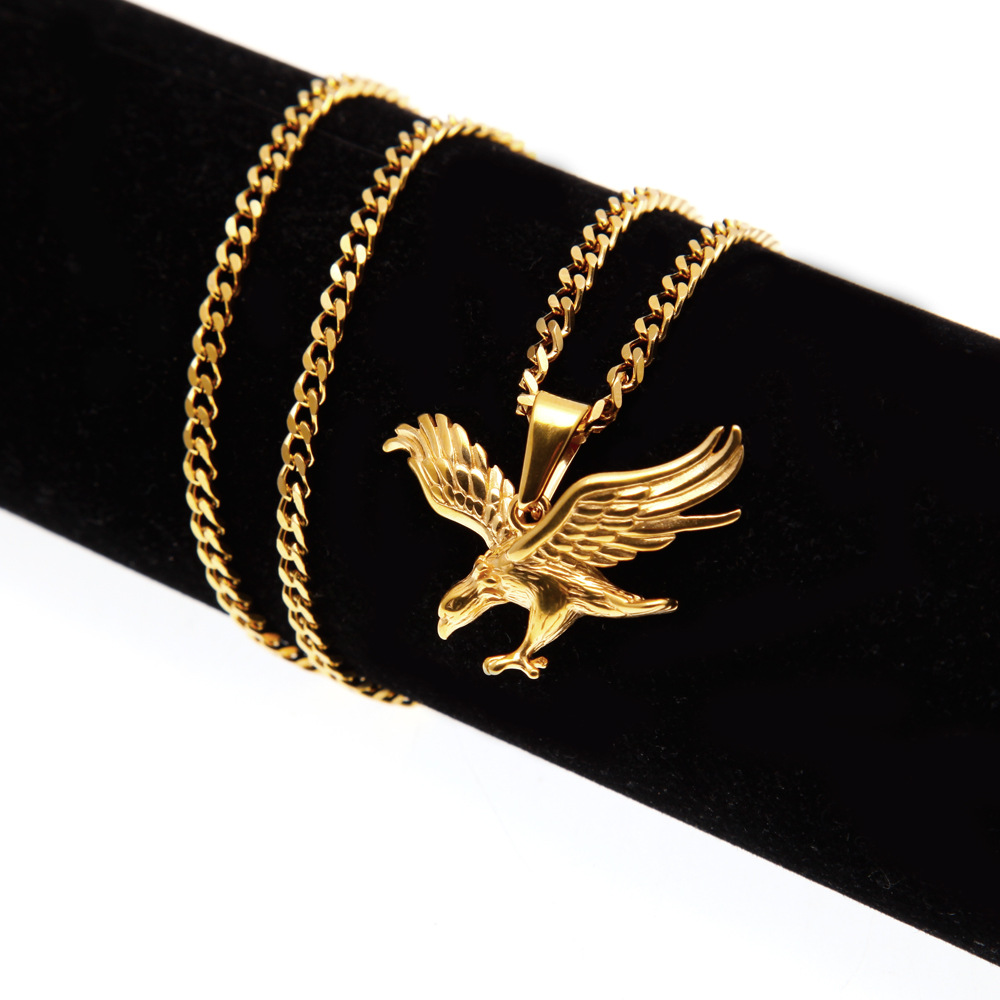 Halskette mit Adler-Anhänger für Herren - Edelstahl, Goldfarben, Hip-Hop/Rock-Stil