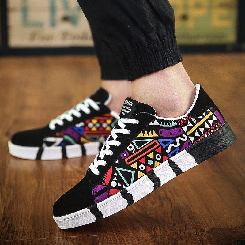 Män casual canvas skor tryck sneakers sommar tränare fritids skor herr lägenheter slipskor herr skor casual: Svart / 39