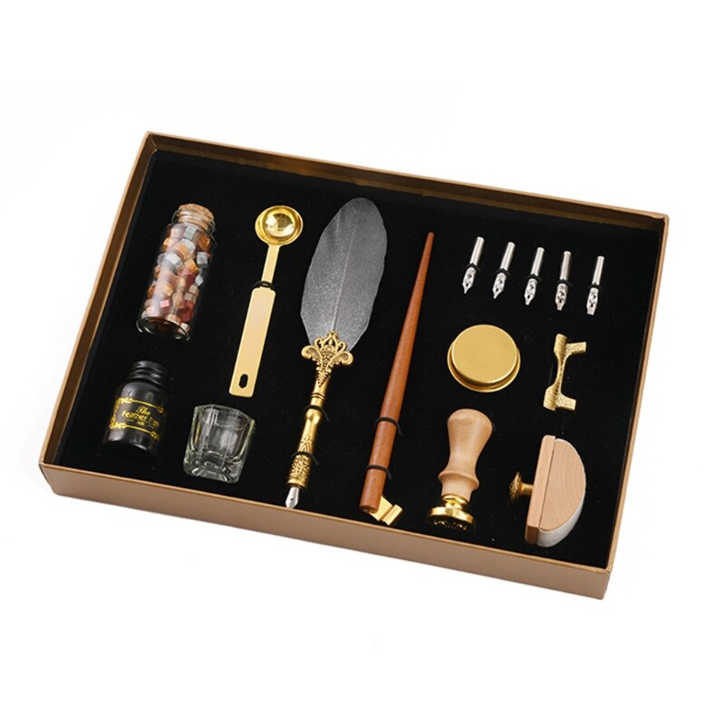 Retro Kalligrafie Quill Veer Dip Pen Met Penpunten Lakzegel Stempel Houder Geschenkdoos 103E: light gray