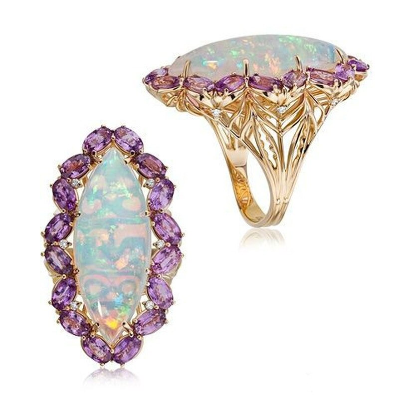 Dainty Oval Fire Opal Rings for Women Flower Vine Purple Color CZ Crystal Ring Finger Jewelry Female Accessories