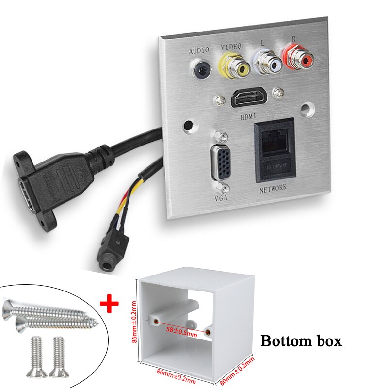 Prise murale multimédia, panneau en aluminium, compatible HDMI, VGA, RJ45, Jack 3.5MM, FL + FR, Interface de Signal: Panel socket box