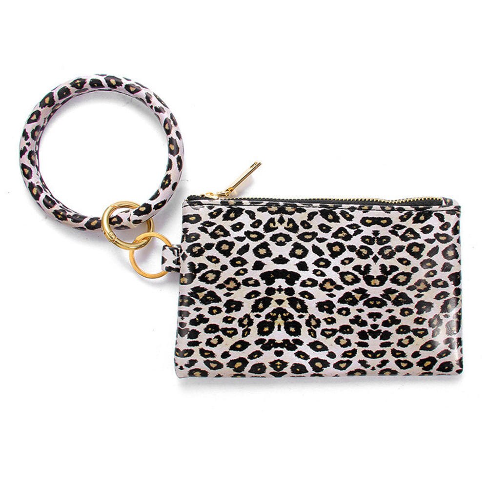 Multi-purpose PU Leather Flower Leopard Printed Phone Wallet O Key Rings Women Wristlet Bracelets Key Chain Key Case 11cm: C