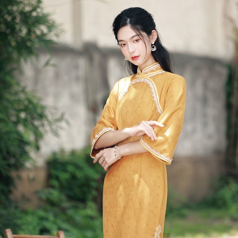 Yellow Modern Slim Qipao Traditional Robe Orientale Chinese Dress Women Ethnic Style Vintage Autumn Simple Cheongsam
