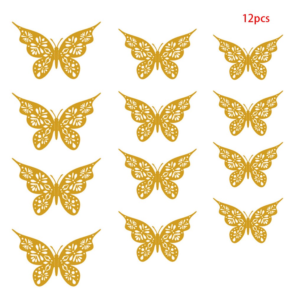 12Pcs/Set Golden 3D Hollow Out Paper Butterfly Wall Sticker Party Shopping Window Home Decor For Kids Room Sticker Mural: Gold