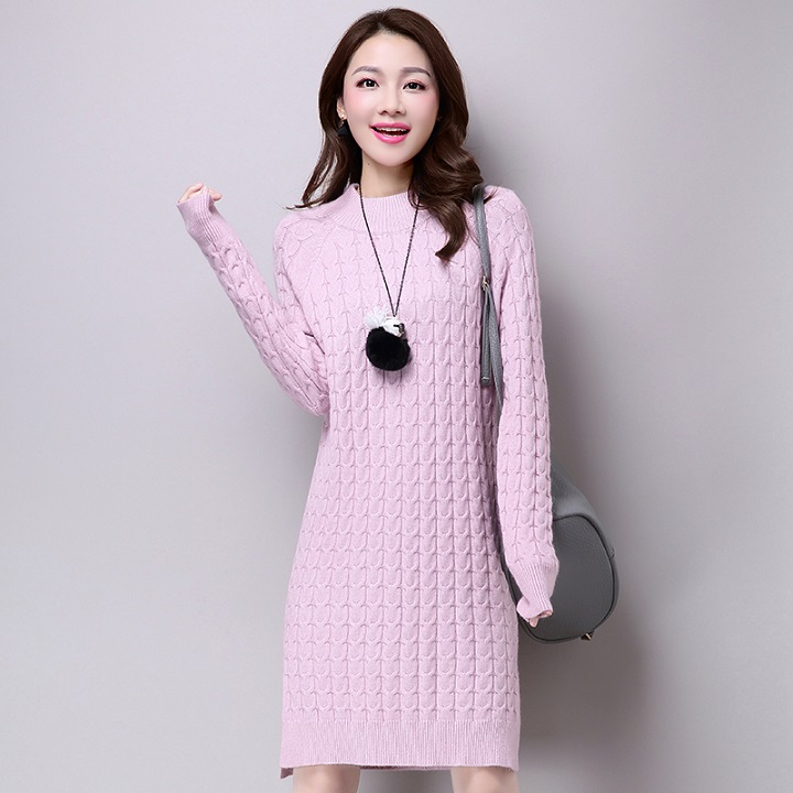 Kabel Gebreide Trui Jurk Vrouwen Herfst Winter Vintage Split Side Vent Effen Kleur Gebreide Truien Jumpers Mini Trui Jurk: Pink / M