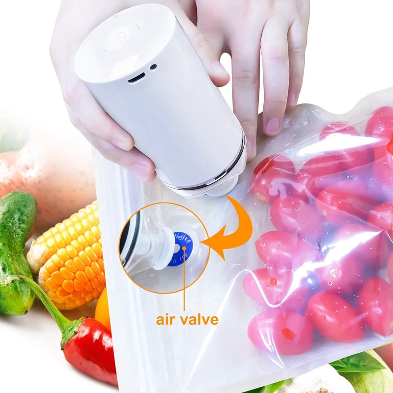 Food Vacuum Sealer Machine With 5 Pack Zipper Vacuum Bags,Small And Handheld Vacuum Packing Machine For Kitchen And Home Use Whi