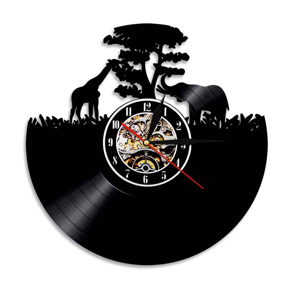 Griaffe Elephant Vinyl Wall Clock Africa Animal Handmade Craft Clock With LED Backlight Nursery Decor For Kids