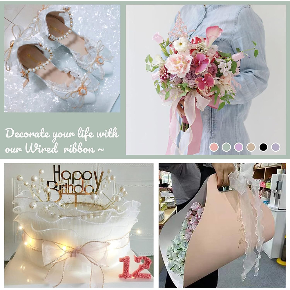 Cinta de Organza transparente con cable de 10 yardas con cinta de gasa con borde dorado para envolver ramo de de cumpleaños y boda, decoraciones DIY