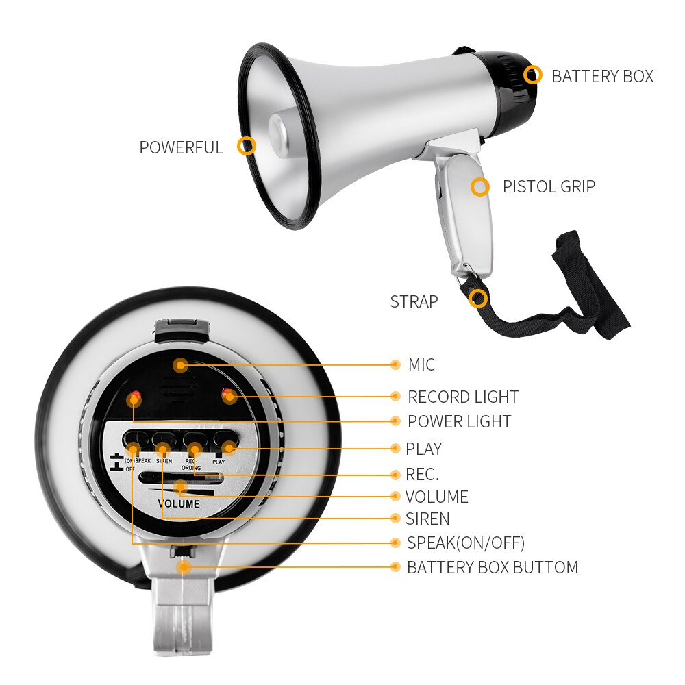 Draagbare Hand 25 Watt Megafoon Megafoon Met Sirene Lithium Batterij Luidspreker Opname Hoorn Tour Gids Luidsprekers