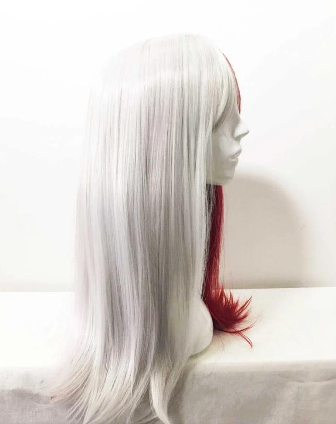 Unisex Half Red Half White Two Tone Long Straight Synthetic Hair Cosplay Wig