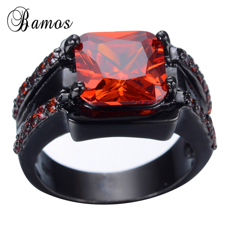 Bamos Male Red Geometric Ring Black Gold Filled Jewelry Vintage Wedding Rings For Men Year