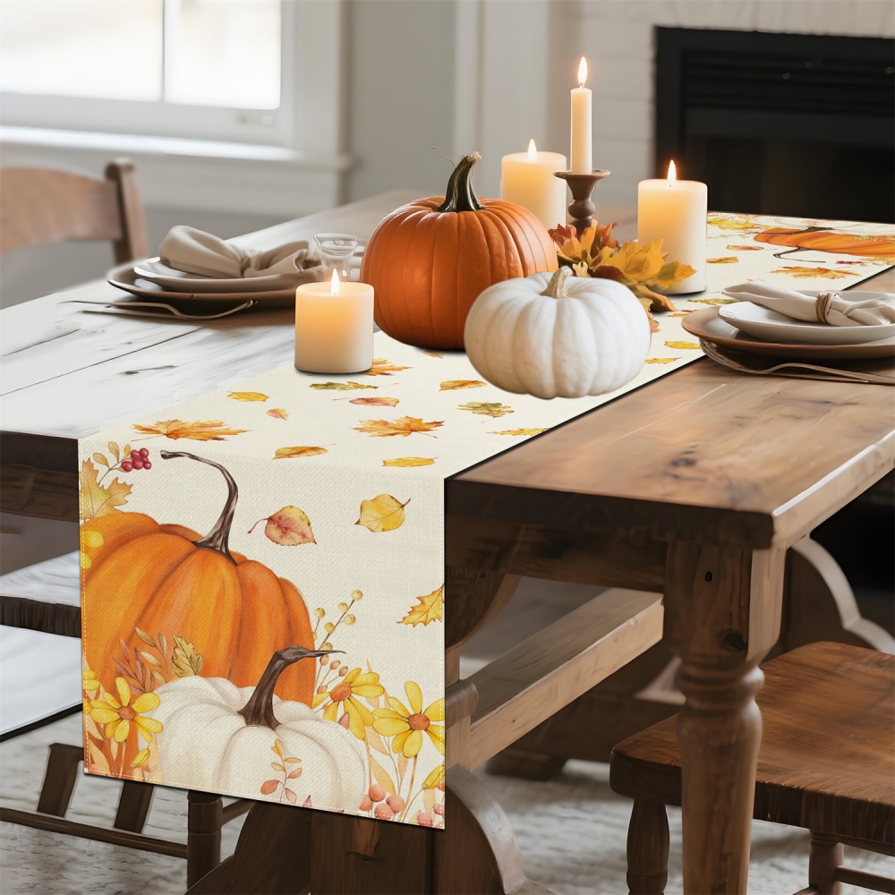 1 szt. Jesienny bieżnik na stół z motywem dyni, liści i kwiatów - robić użytku wewnątrz i na zewnątrz na Świędo Dziękczynienia, Halloween