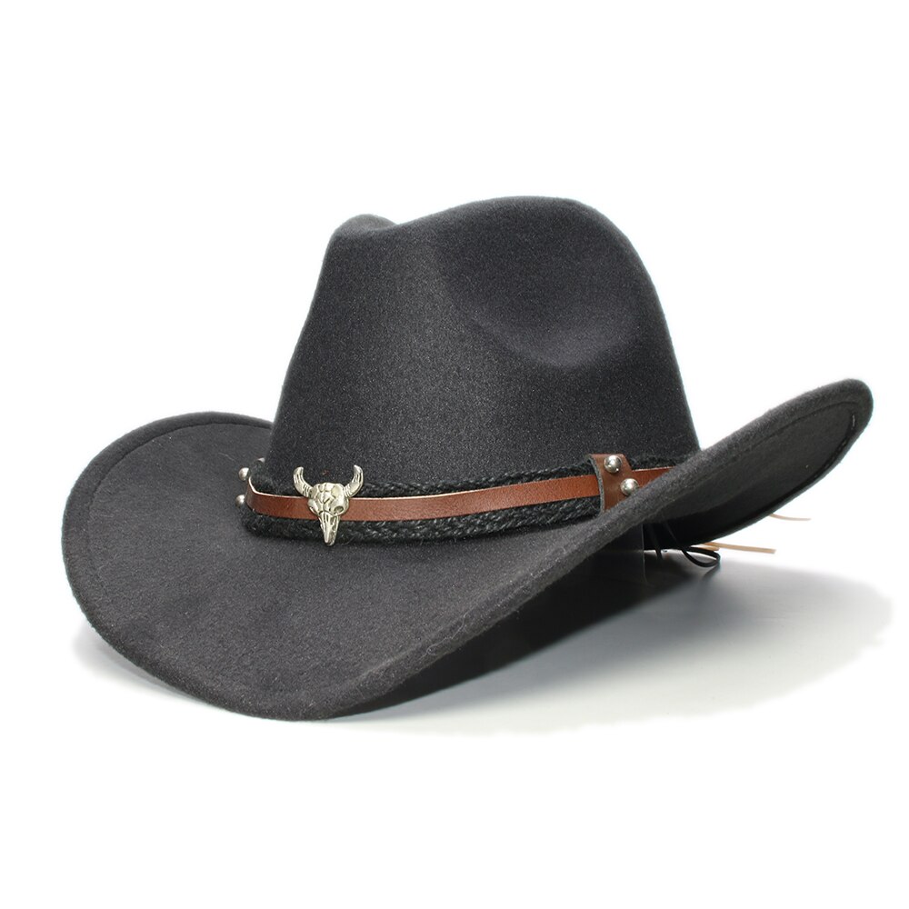 Large Plus 61cm Retro Women Men Wool Wide Brim Cowboy Western Cowgirl Hat Funeral Formal Fedora Cap Bull Head Oxhead Braid Band