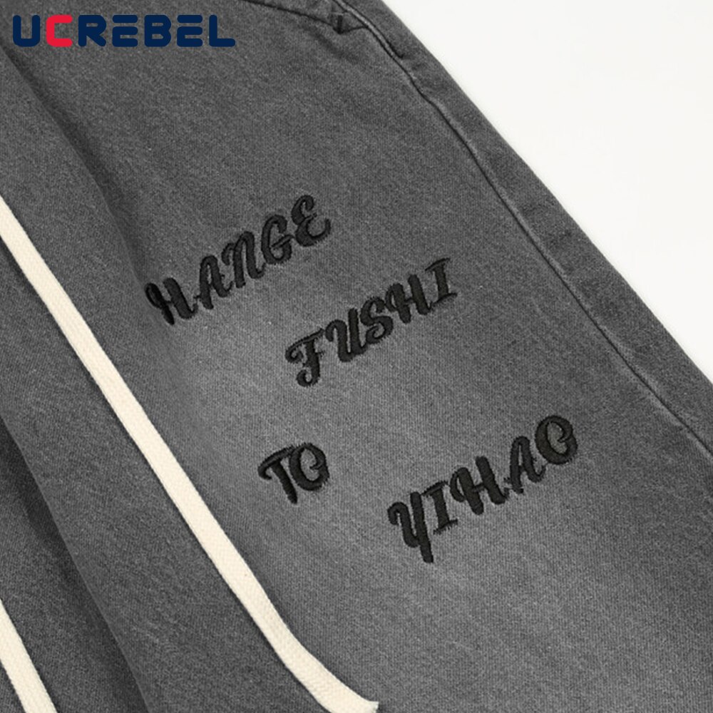 Pantalones vaqueros con bordado de letras cruzadas para hombre, pantalón informal desgastado de cintura elástica a la , ropa de calle, pantalones sueltos de pierna recta