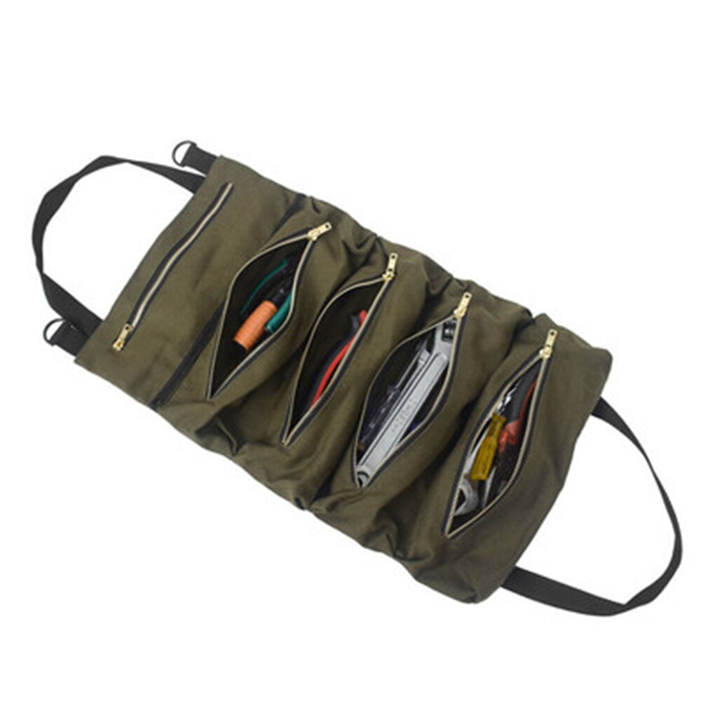 Multifunction Roll Up Canvas Tools Bag Wrench Storage Carrier Pouch Car Back Seat Organizer Hanging Bag: Army Green