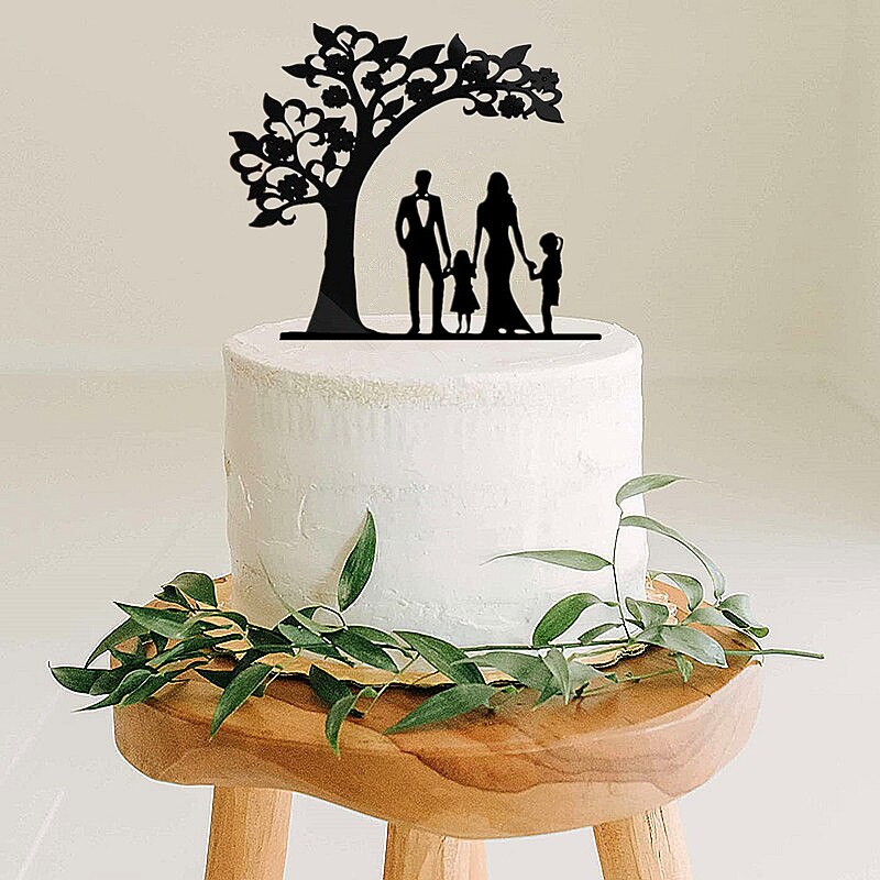 Coppia di topper torta anniverario matrimonio stile albero con 2 bambini sposa e sposo con animale domestico cane gatto ragazzi ragazze famiglia torta topper: L / Menta Verde
