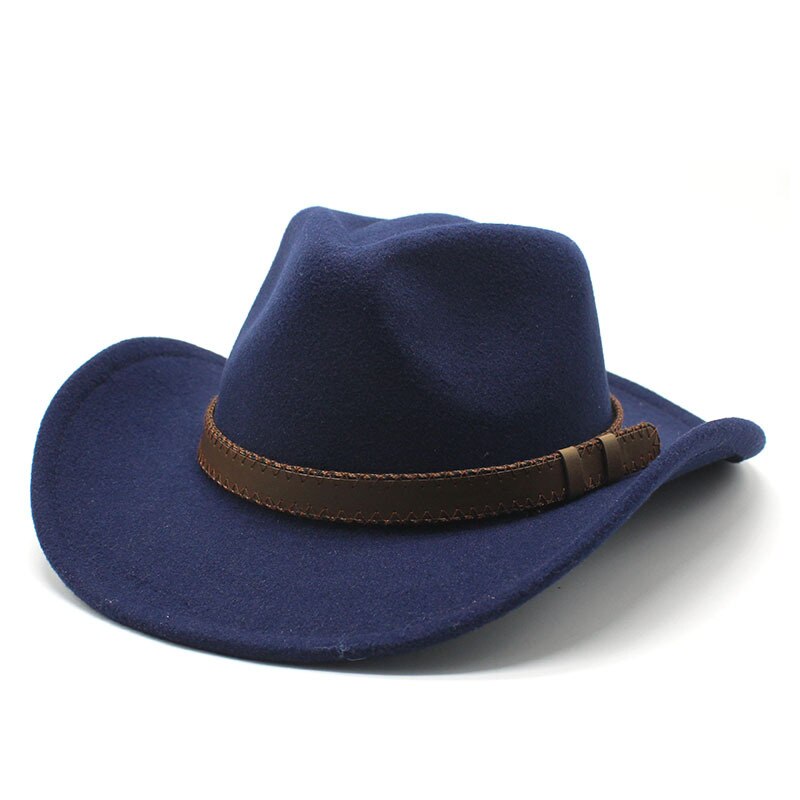 Women's Men's Winter Wool Western Cowboy Hat With Belt Cowgirl Jazz Toca Sombrero Cap Godfather Cap: Navy