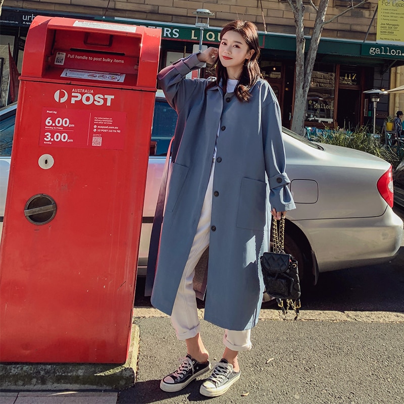 Gabardina fina azul para mujer, abrigo largo coreano con de botones en la espalda, abrigo rompevientos informal para mujer