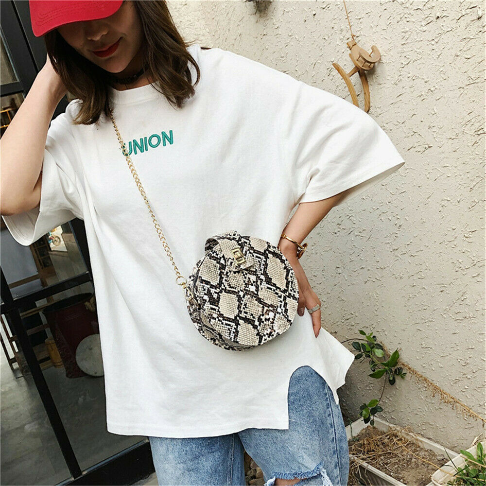 Bolsa feminina redonda pu de ombro, de ombro, de cobra, estampada, de mensageiro, de sacola, imperdível