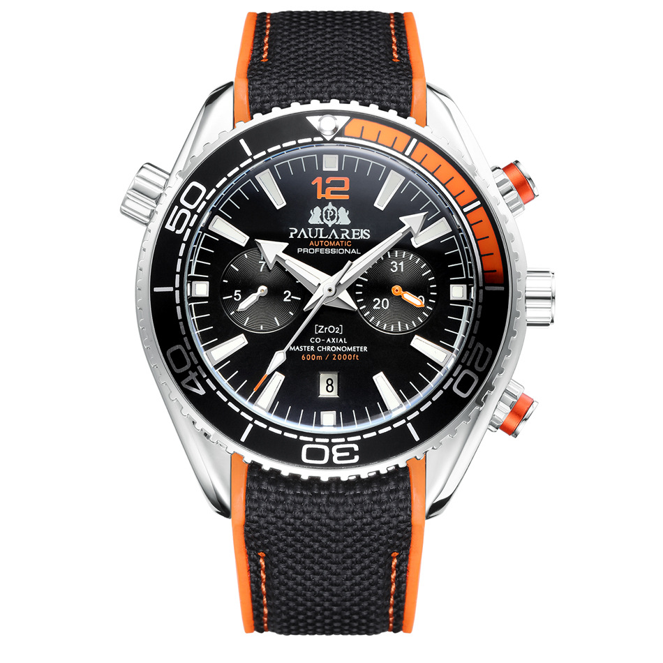PAULAREIS P, reloj mecánico automático de lujo para hombre, correa de goma, resistente al agua, fecha luminosa, relojes de para hombre: Café